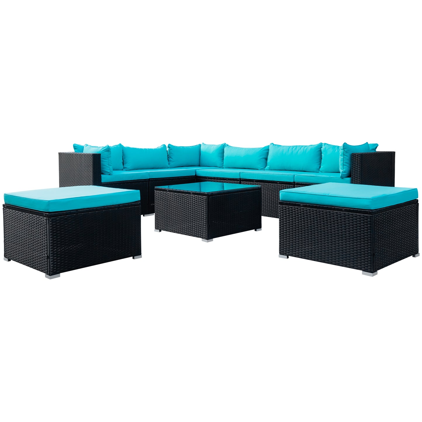 GO 9-piece Outdoor Patio PE Wicker Rattan conversation Sectional Sofa sets with 3 sofa, 3 corner sofa, 2 ottomans, and 1 glass coffee table, removable soft cushions (Black wicker, Blue cushion)