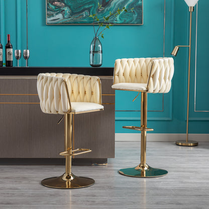 Set of 2 Bar Stools,with Chrome Footrest and Base Swivel Height Adjustable Mechanical Lifting Velvet + Golden Leg Simple Bar Stoo,Ivory