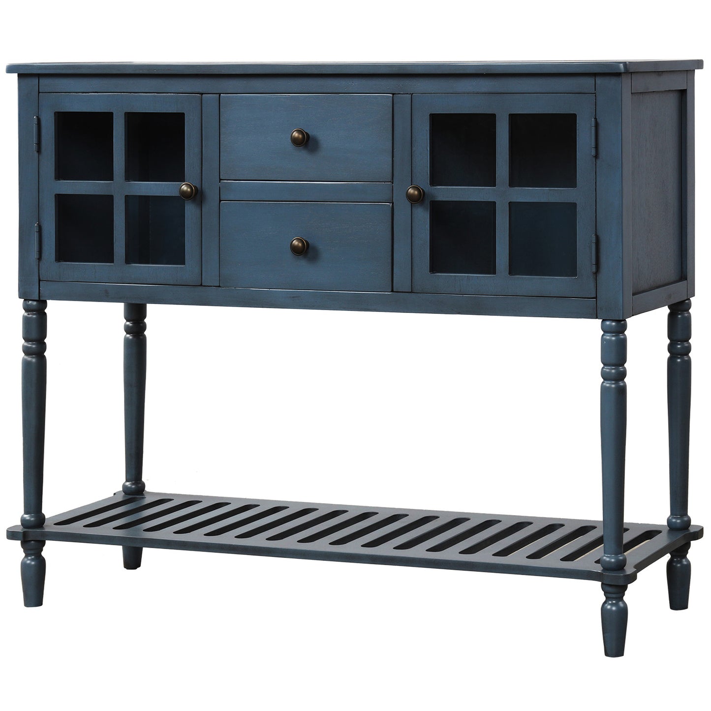 TREXM Sideboard Console Table with Bottom Shelf, Farmhouse Wood/Glass Buffet Storage Cabinet Living Room (Antique Navy)