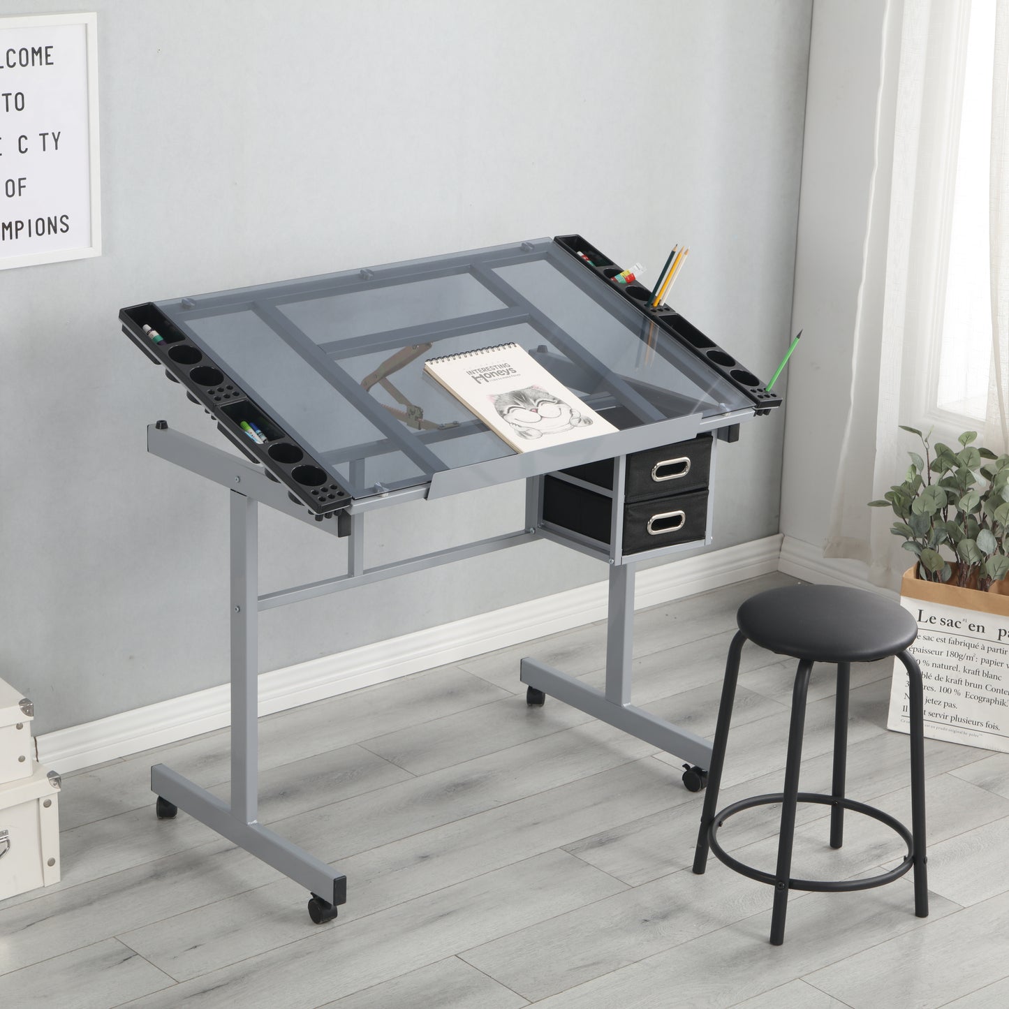 Adjustable Art Drawing Desk Craft Station Drafting   with 2 Non-woven fabric Slide Drawers and 4 Wheels