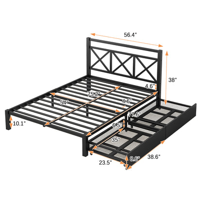 Metal Platform Bed with 2 Drawers, Full (Black)