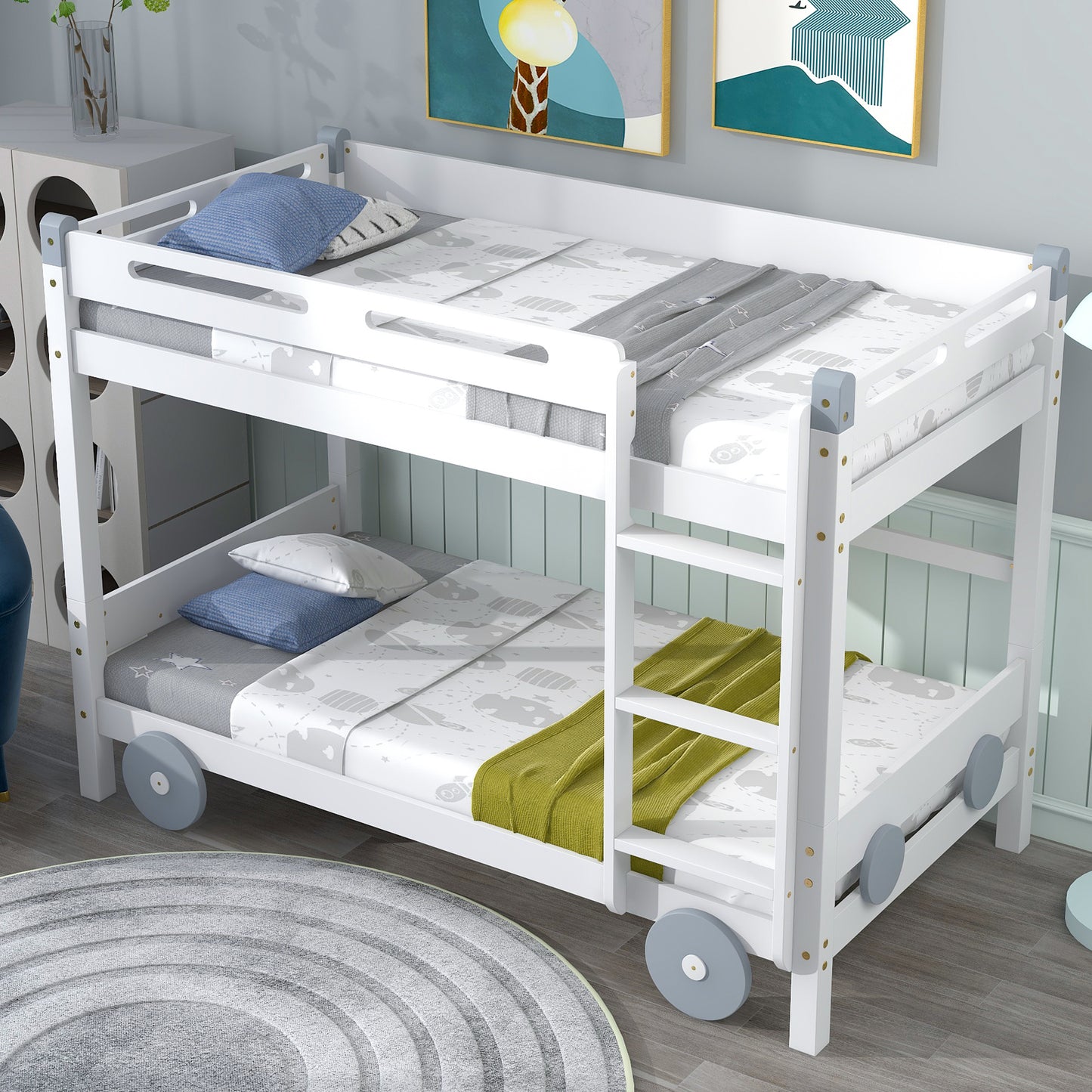 Twin Size Car-Shaped Convertible Bunk Bed, White