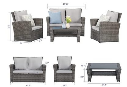 Outdoor Rattan 4 Pieces Furniture Sofa And Table Set Gray rattan + gray cushion