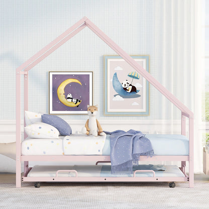 Metal House Bed With Trundle, Twin Size House Bed Pink