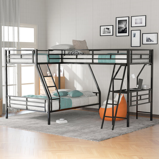 Twin over Full Bunk Bed with a Twin Size Loft Bed attached, with a Desk, Metal, Black