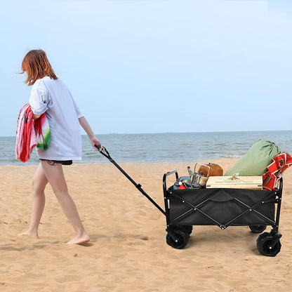 YSSOA Heavy Duty Folding Portable Cart Wagon with 7\'\' Widened All-Terrain Wheels Prevent to Sinking in The Sand, Adjustable Handles and Double Fabric for Shopping, Park, Beach, Camping, Black