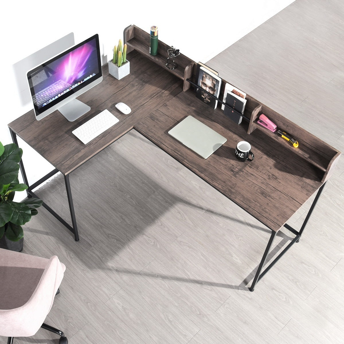 43.3"W X 65" D L-Shaped Computer Desk Corner Writing Desk for Small Space, Simple Modern Space-saving Laptop Table Workstation for Home Office Study - WALNUT & BLACK