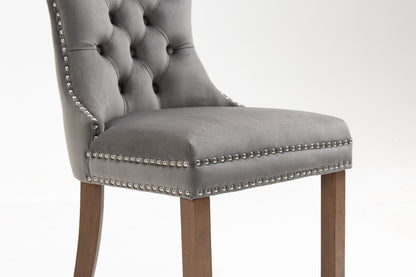 Upholstered Button Tufted Back Gray Velvet Dining Chair with Nailhead Trim and Solid Wood Legs 2 Sets