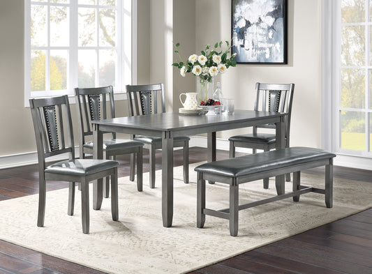 Dining Room Furniture Gray Color 6pc Set Dining Table 4x Side Chairs and A Bench Solid wood Rubberwood and veneers