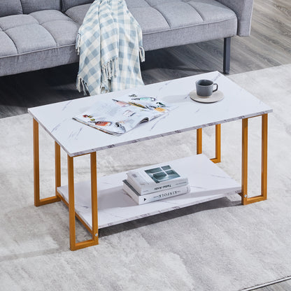 D&N Coffee Table, 2 Layers 1.5cm Thick Marble MDF Rectangle 39.37" L Tabletop Iron Coffee Table , Dining Room, Coffee Shop, Resterant, White Top, Gold Leg