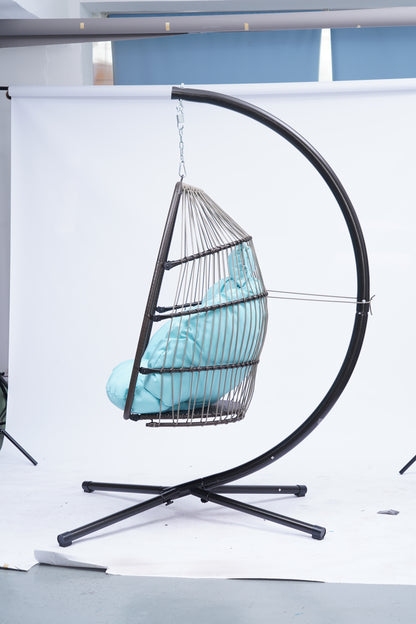 Patio Wicker folding Hanging Chair,Rattan Swing Hammock Egg Chair with C Type bracket , with cushion and pillow,for Indoor,Outdoor，Blue