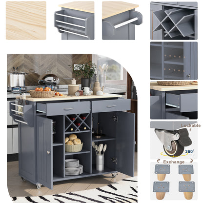 K&K Store Kitchen Island Cart with Two Storage Cabinets and Four Locking Wheels，Wine Rack, Two Drawers,Spice Rack, Towel Rack （Grey Blue）