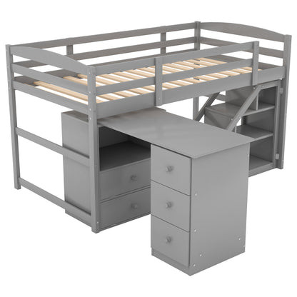 Twin Size Loft Bed with Multifunctional Movable Built-in Desk and and Staircase,Gray(OLD SKU:GX000925AAK)