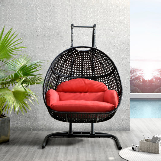 Patio PE Rattan Double Swing Chair With Stand, Two Person Hanging Chair for Balcony, Courtyard