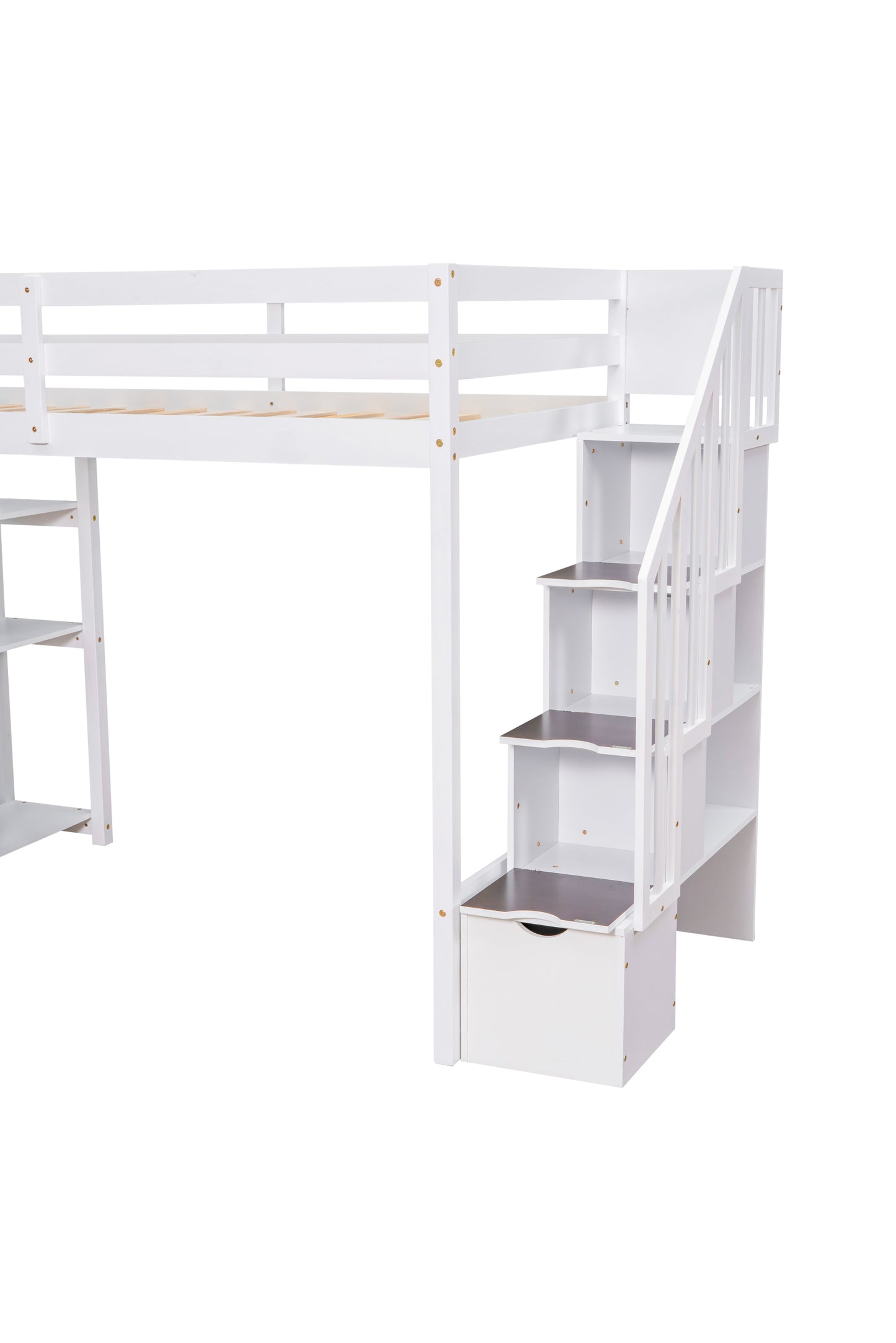 Twin size Loft Bed with Storage Drawers and Stairs, Wooden Loft Bed with Shelves - White