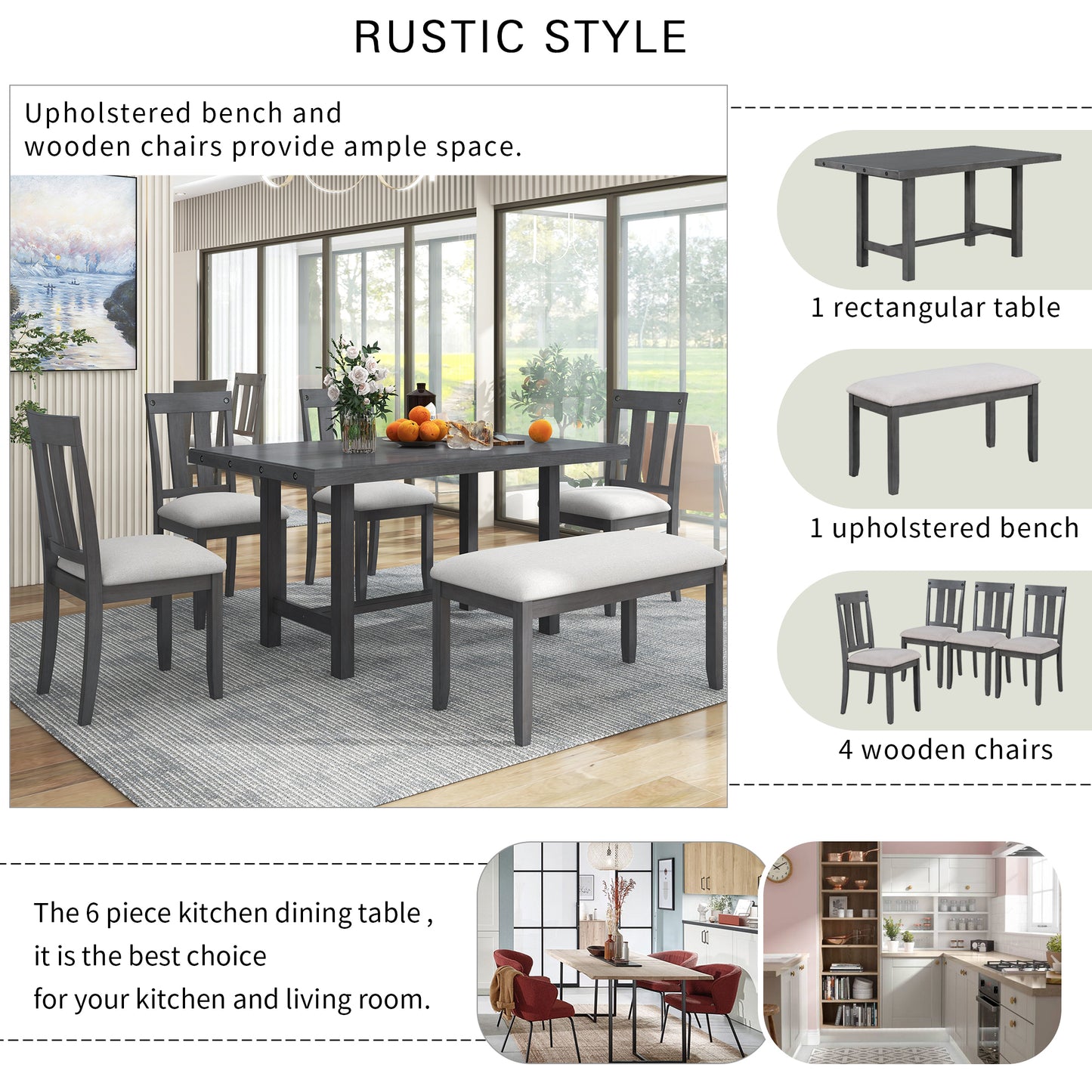 TREXM Rustic Farmhouse 6-Piece Wooden Rustic Style Dining Set, Including Table, 4 Chairs & Bench (Gray)