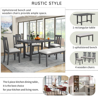 TREXM Rustic Farmhouse 6-Piece Wooden Rustic Style Dining Set, Including Table, 4 Chairs & Bench (Gray)