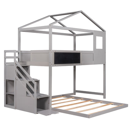 Twin over Full House Bunk Bed with Storage Staircase and Blackboard,Grey