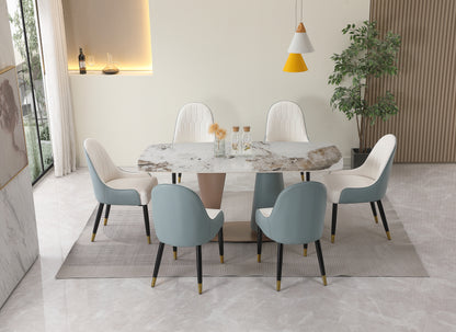 71"  Pandora color sintered stone dining table with cone shape  Pedestal Base in champagne and blue color