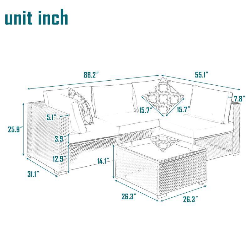 Outdoor Garden Patio Furniture 5-Piece PE Rattan Wicker Cushioned Sofa Sets with 2 Pillows and Coffee, outdoor couch；outdoor sectional；porch furniture；patio couch；outdoor sofa；patio furniture set