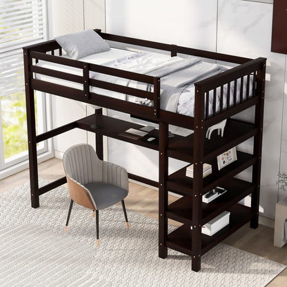 Twin Size Loft Bed with Storage Shelves and Under-bed Desk, Espresso(OLD SKU:SM000245AAP-1)