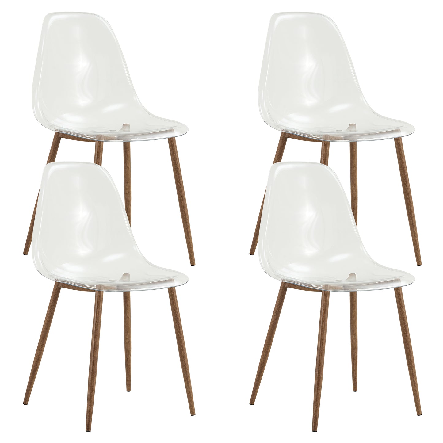 Modern simple transparent dining chair plastic chair armless crystal chair Nordic creative makeup stool negotiation chair Set of 4 and wood color metal leg