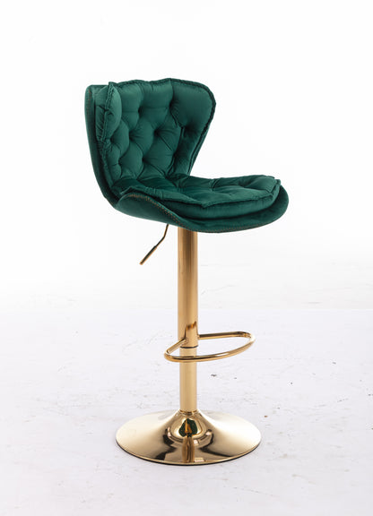 Set of 2  Bar Stools,with Chrome Footrest and Base Swivel Height Adjustable Mechanical Lifting Velvet + Golden Leg Simple Bar Stool-Green