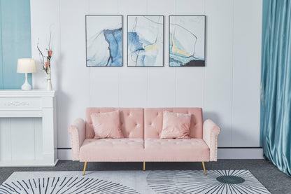 [New+Video]Pink velvet nail head sofa bed with throw pillow and midfoot