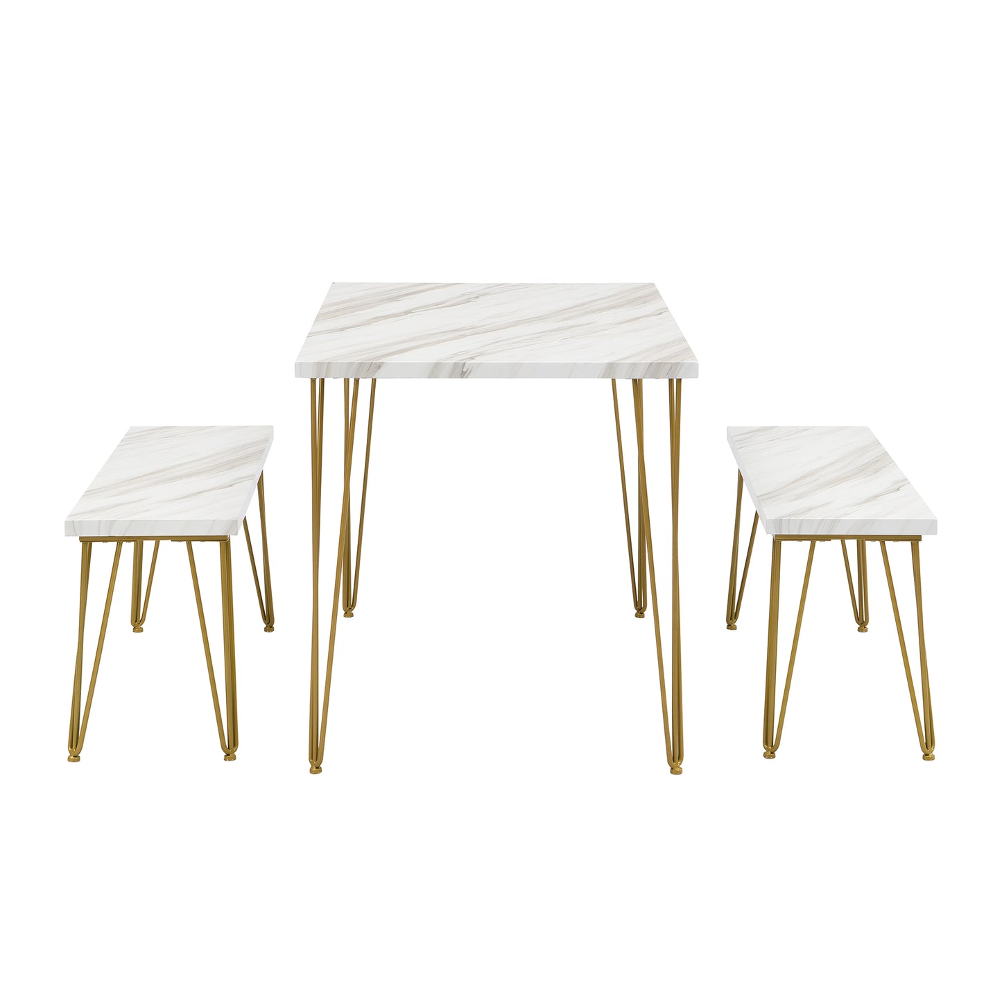 TOPMAX Rustic Farmhouse 3-Piece Dining Table Set with 2 Benches,Thick Table/Bench Top with Iron Frame for 4 in Small Places,Faux Marble White+Gold Frame