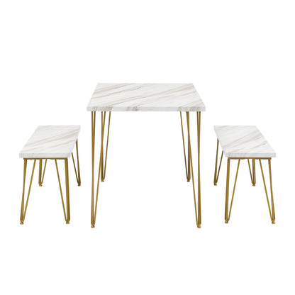 TOPMAX Rustic Farmhouse 3-Piece Dining Table Set with 2 Benches,Thick Table/Bench Top with Iron Frame for 4 in Small Places,Faux Marble White+Gold Frame