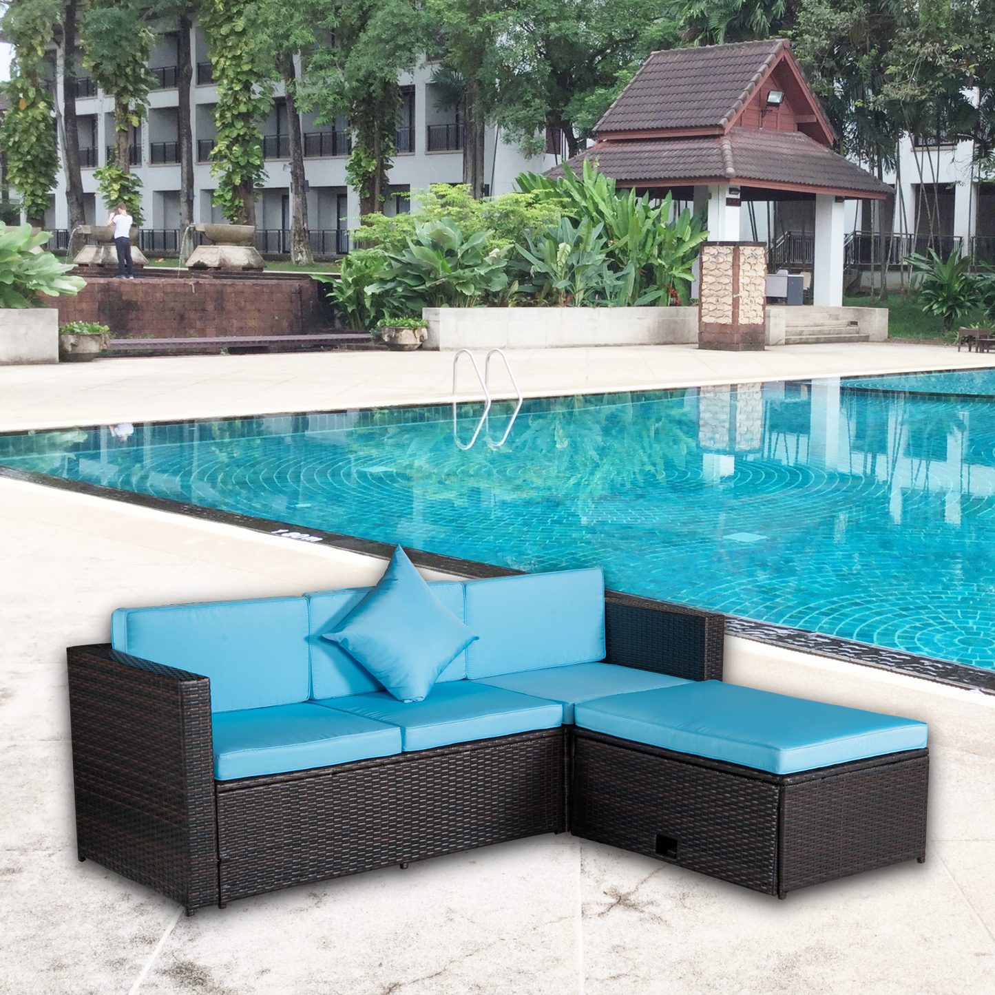 Patio Set 4-Piece Brown Poly Rattan Blue Cushion Combined 2 Blue Pillows Sectional Option Sofa Sets And Multifunctional Table