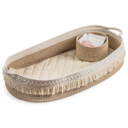 Baby Changing Basket, Handmade Woven Cotton Rope Moses Basket, Changing Table Topper with Mattress Pad(White&Brown)