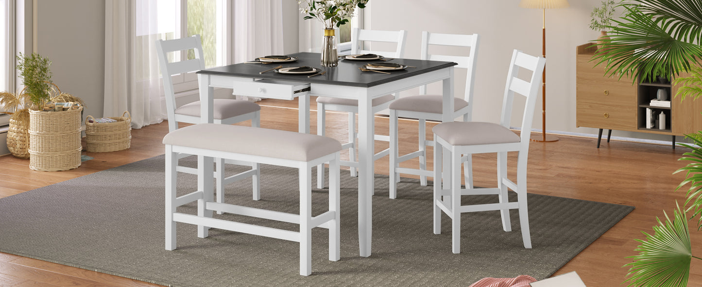 TOPMAX Wood 6-Piece Dining Table Set with Storage Drawer, Counter Height Square Kitchen Set with Upholstered Chair and Bench, White