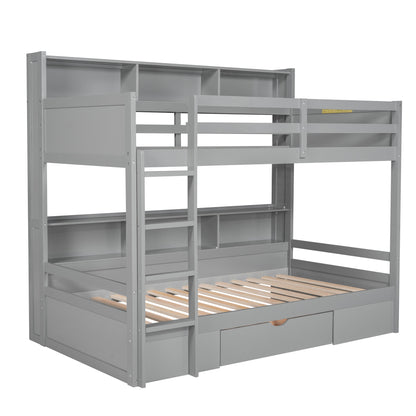 Twin Size Bunk Bed with Built-in Shelves Beside both Upper and Down Bed and Storage Drawer,Gray