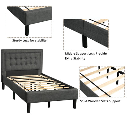 Upholstered Button-Tufted Platform Bed with Strong Wood Slat Support (Twin, Gray)