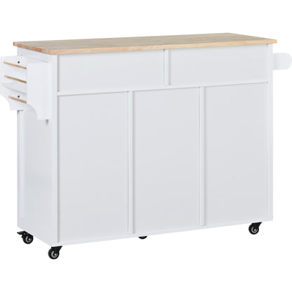 K&K Store Kitchen Cart with Rubber Wood Countertop , Kitchen Island has 8 Handle-Free Drawers Including a Flatware Organizer and 5 Wheels for Kitchen Dinning Room, White