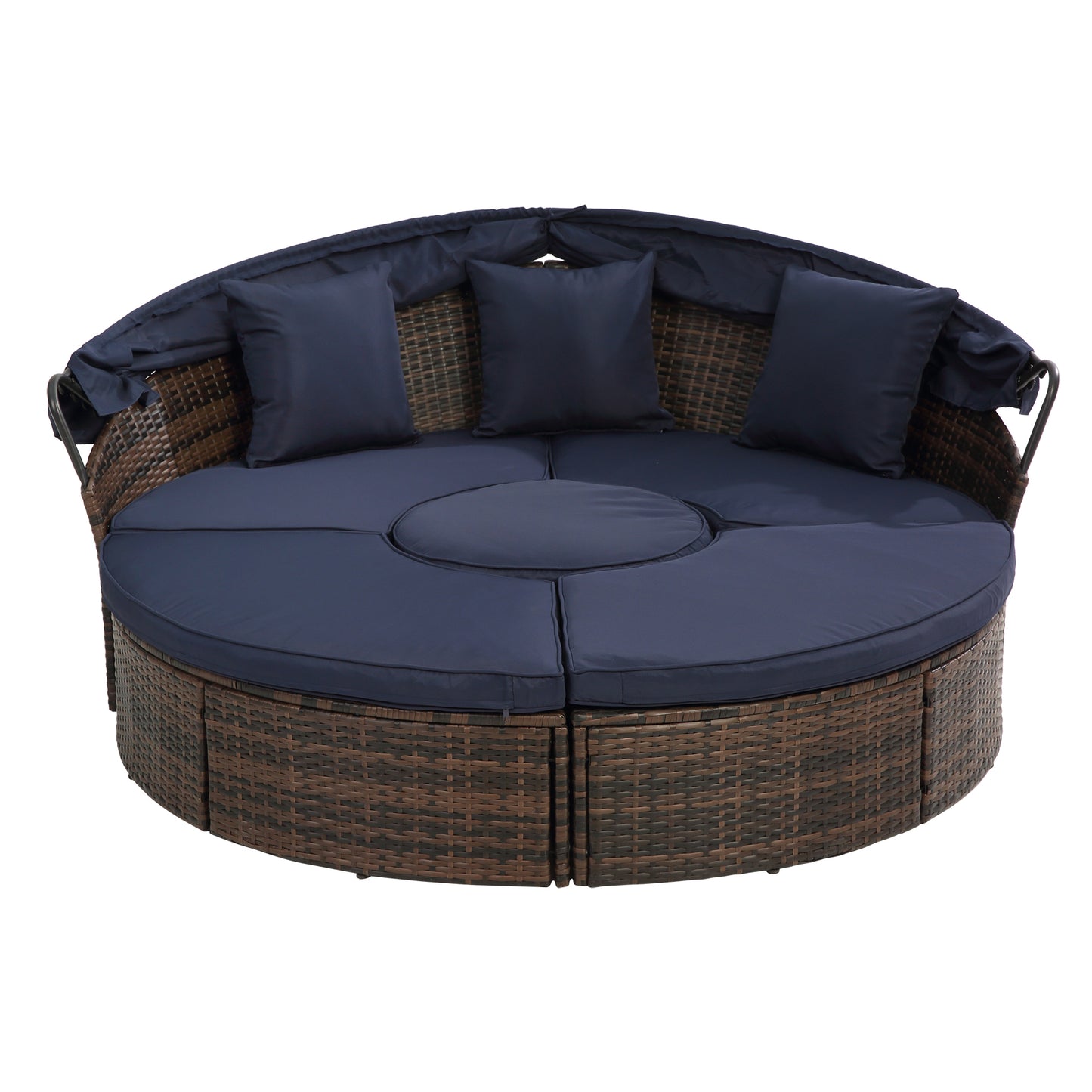 Hot Sale KD Rattan Round Lounge With Canopy Bali Canopy Bed Outdoor, Wicker Outdoor Sofa Bed with lift coffee table