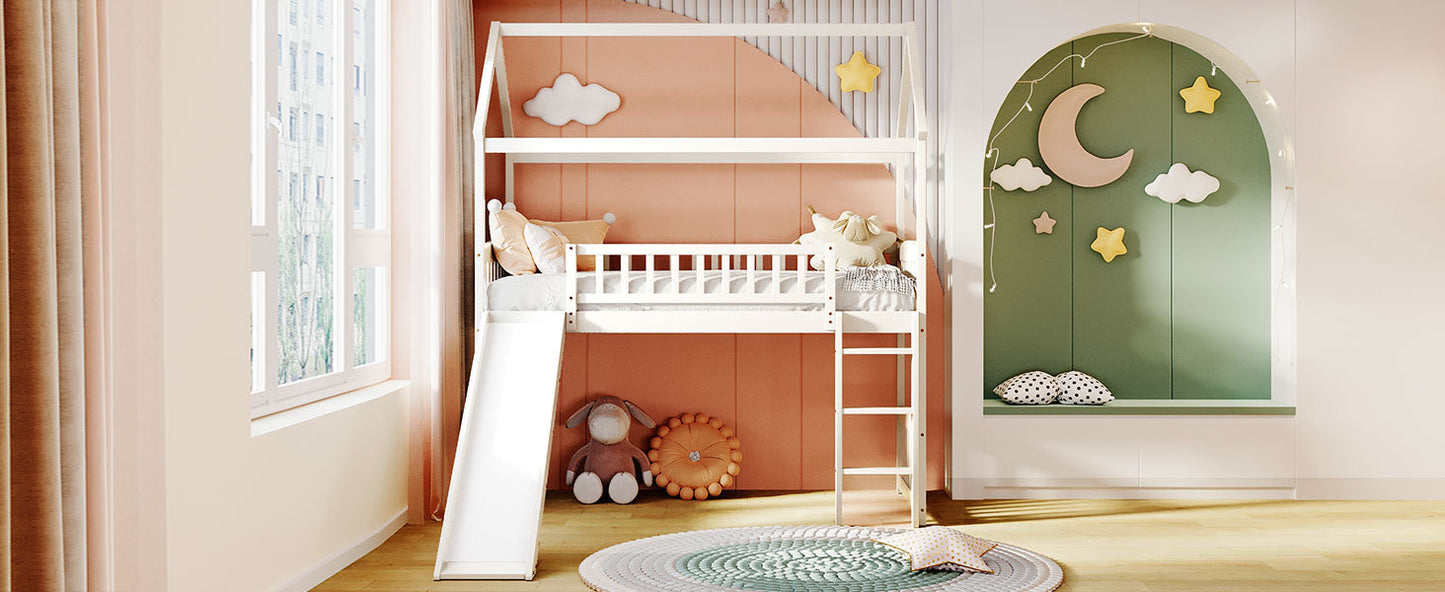 Twin Loft Bed with Slide, House Bed with Slide,White(OLD SKU :LT000212AAK)