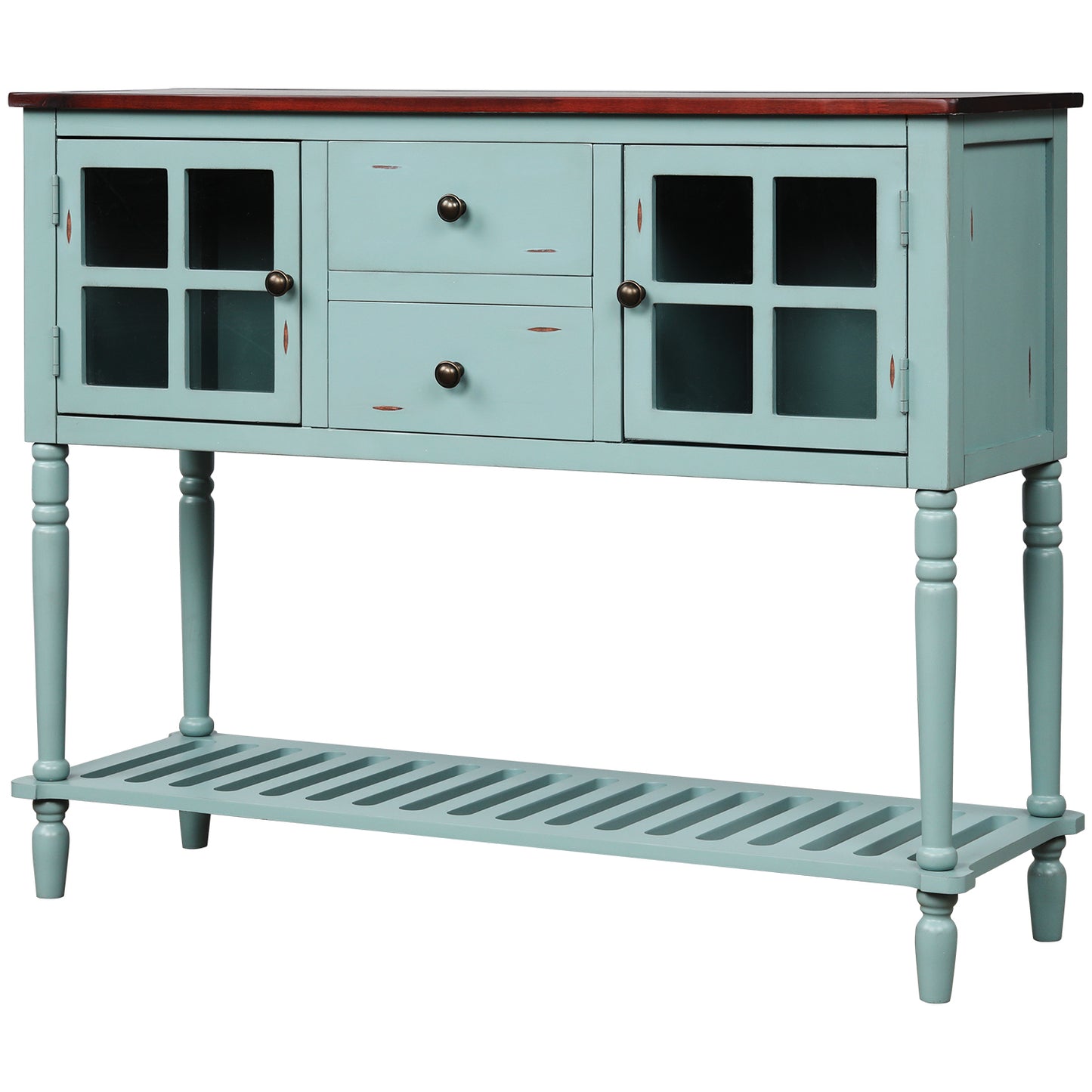 TREXM Sideboard Console Table with Bottom Shelf, Farmhouse Wood/Glass Buffet Storage Cabinet Living Room (Retro Blue)