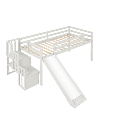 Loft Bed with Staircase, Storage, Slide, Twin size, Full-length Safety Guardrails, No Box Spring Needed, White \\\\n(Old Sku:W504S00004)