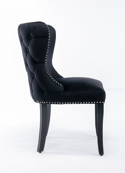 Set of 2 Black Velvet upholstered wing-back dining chair with backstitching nailhead trim and solid wood legs