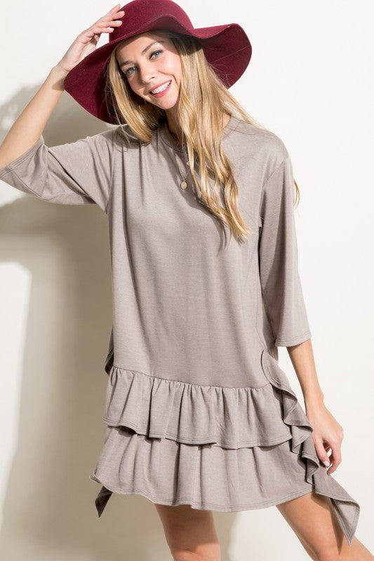 SOLID FRENCH TERRY RUFFLE BOXY MINI DRESS