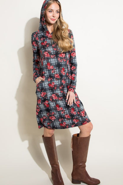 FLORAL PLAID PRINT SIDE POCKET HOODIE MINI DRESS