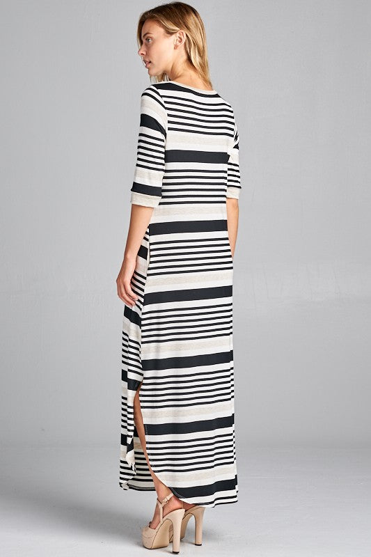 ENGINEERING STRIPE SIDE POCKET V NECK MAXI DRESS