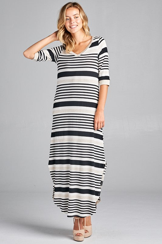 ENGINEERING STRIPE SIDE POCKET V NECK MAXI DRESS