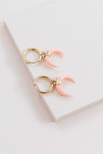 Double Horn Pink Hoop Earrings - 14K