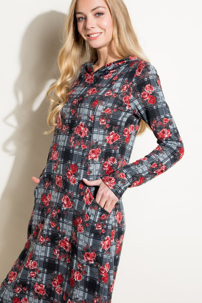 FLORAL PLAID PRINT SIDE POCKET HOODIE MINI DRESS