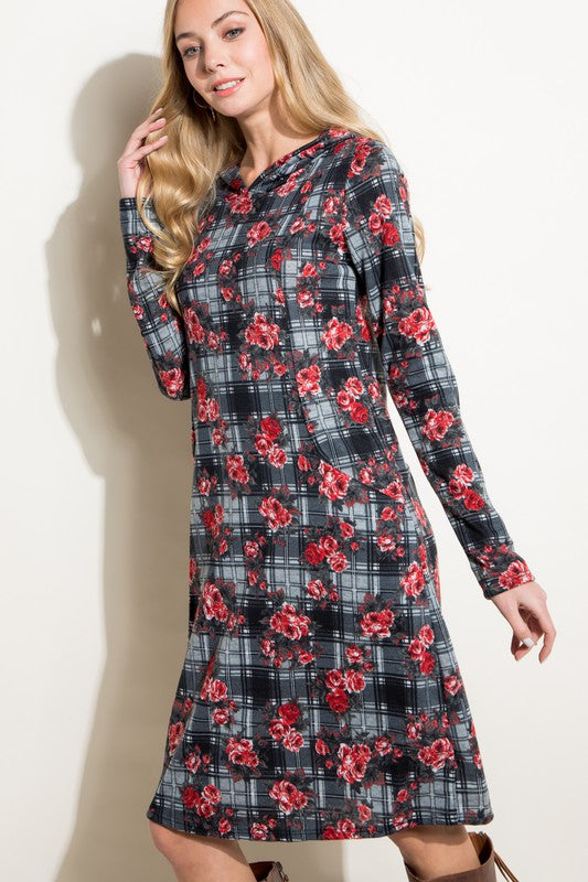 FLORAL PLAID PRINT SIDE POCKET HOODIE MINI DRESS