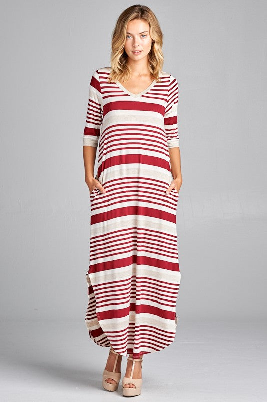 ENGINEERING STRIPE SIDE POCKET V NECK MAXI DRESS