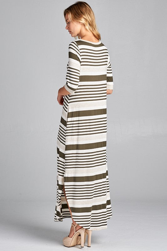 ENGINEERING STRIPE SIDE POCKET V NECK MAXI DRESS